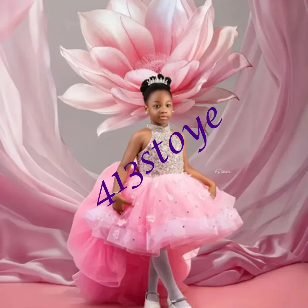 

CustomizedCustomized Blush Pink Flower Girl Dresses For Wedding Layered Feather Pearls With Bow Graceful Kids Birthday Party Ban