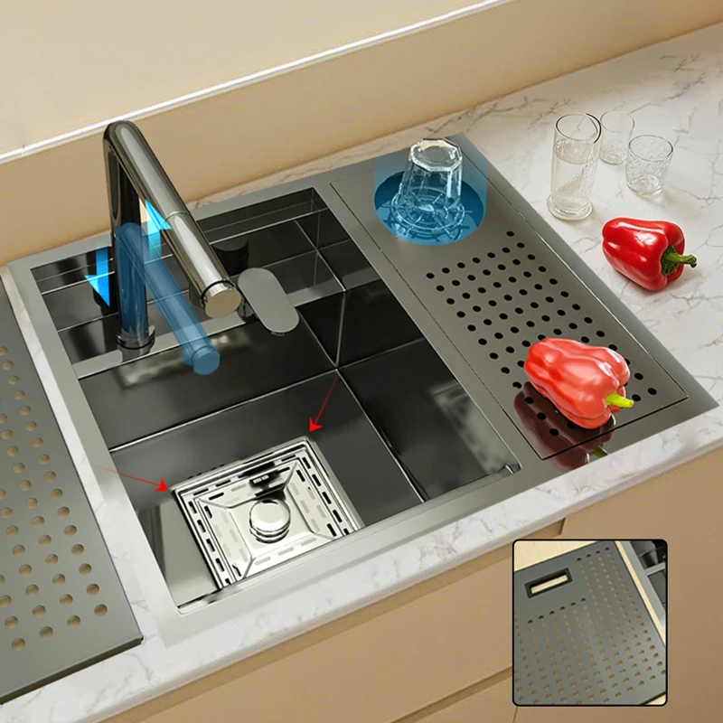 Hidden Stainless Steel Kitchen Sink With Lid Cup Washer Small Single Bowl For Coffee Shop Bar Balcony Washing Use