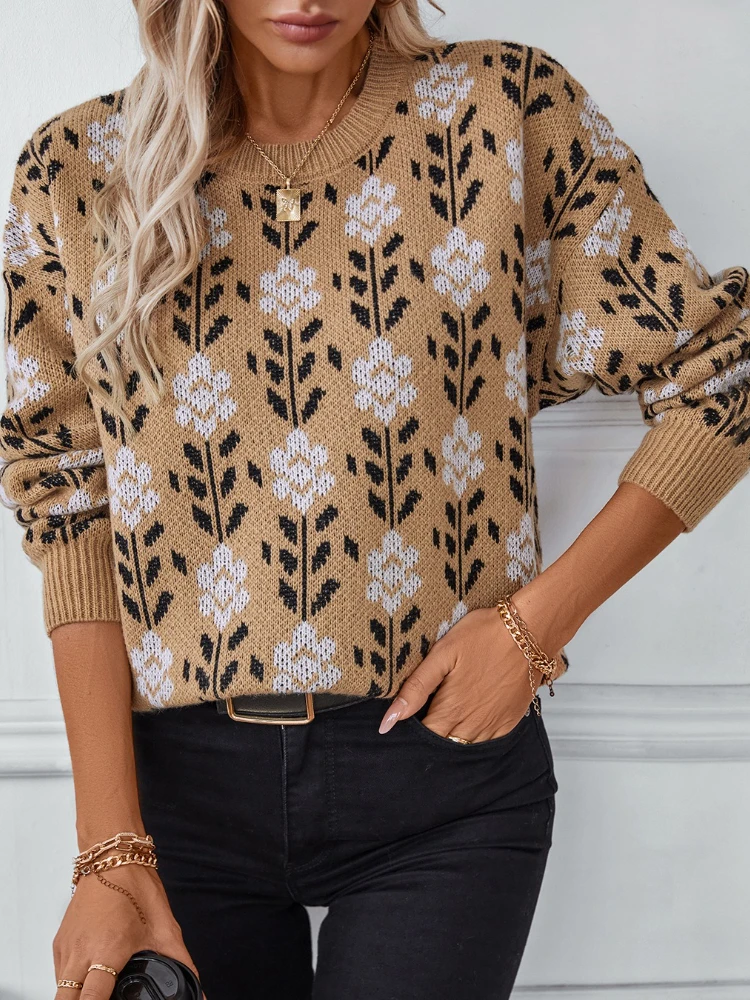 

Новинка осени и зимы, женские вязаные пуловеры с круглым вырезом и цветочным принтом, модный повседневный свитер с длинными рукавами, теплые джемперы, женский свитер