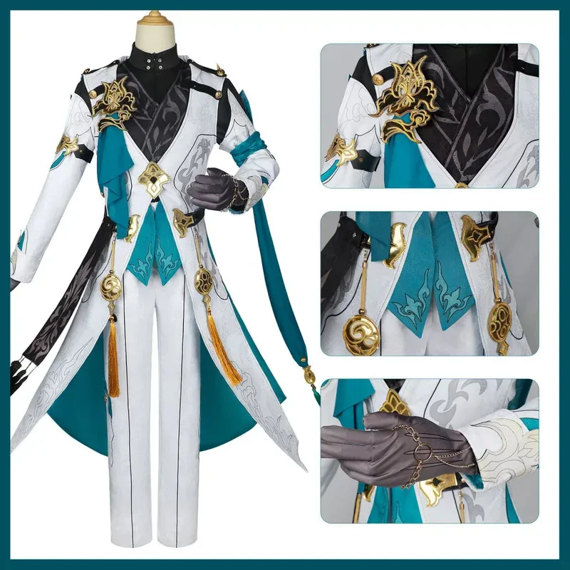 Juego Luocha Honkai: disfraz de Star Rail, disfraz de Xianzhou Luofu Luo Cha, capa blanca, uniforme, peluca, zapato, traje de Carnaval para hombre de 5 pies