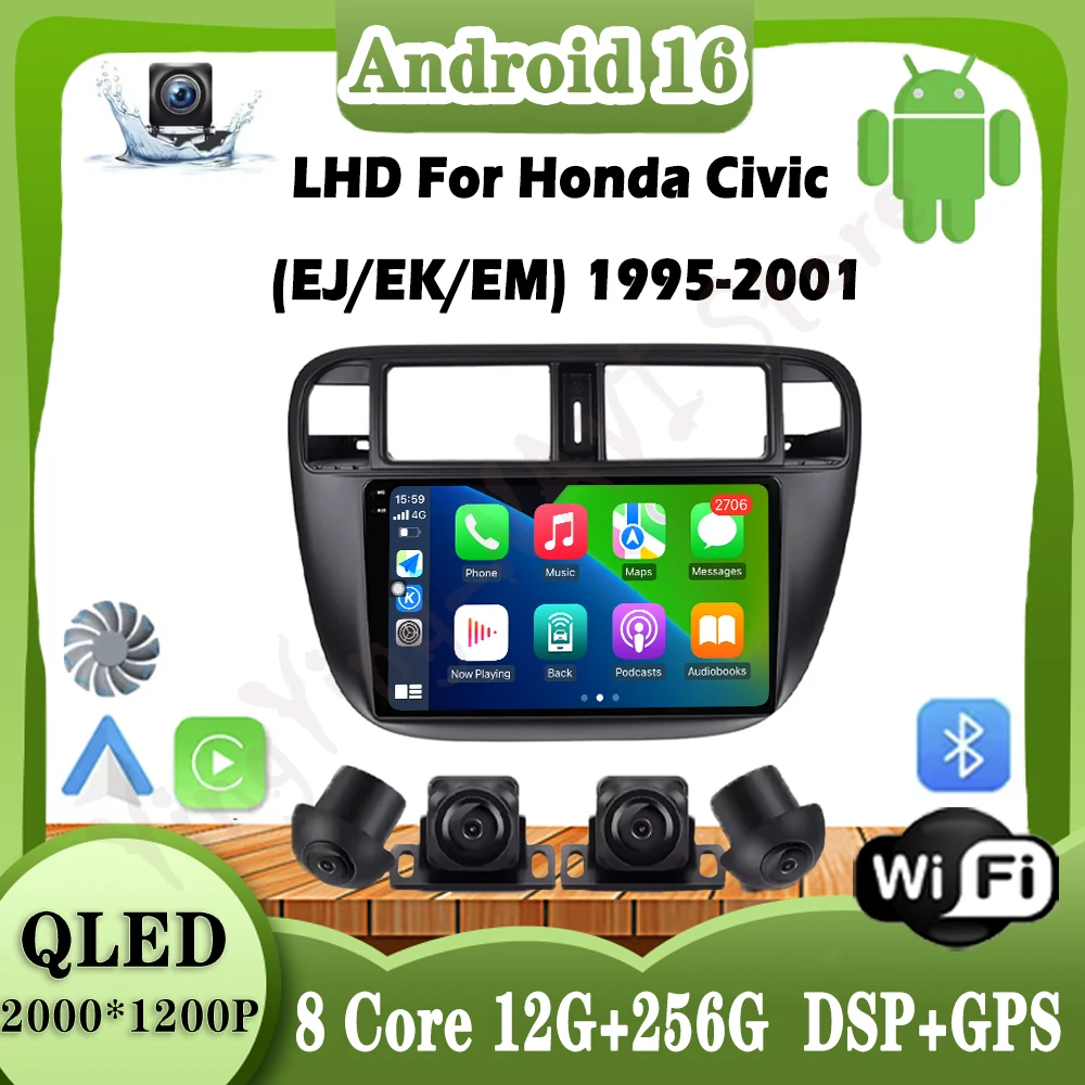 

LHD для Honda Civic (EJ/EK/EM) 1995-2001 автомобильный радиоприемник, авто беспроводной CarPlay, интеллектуальный мультимедийный сенсорный экран, GPS-навигация