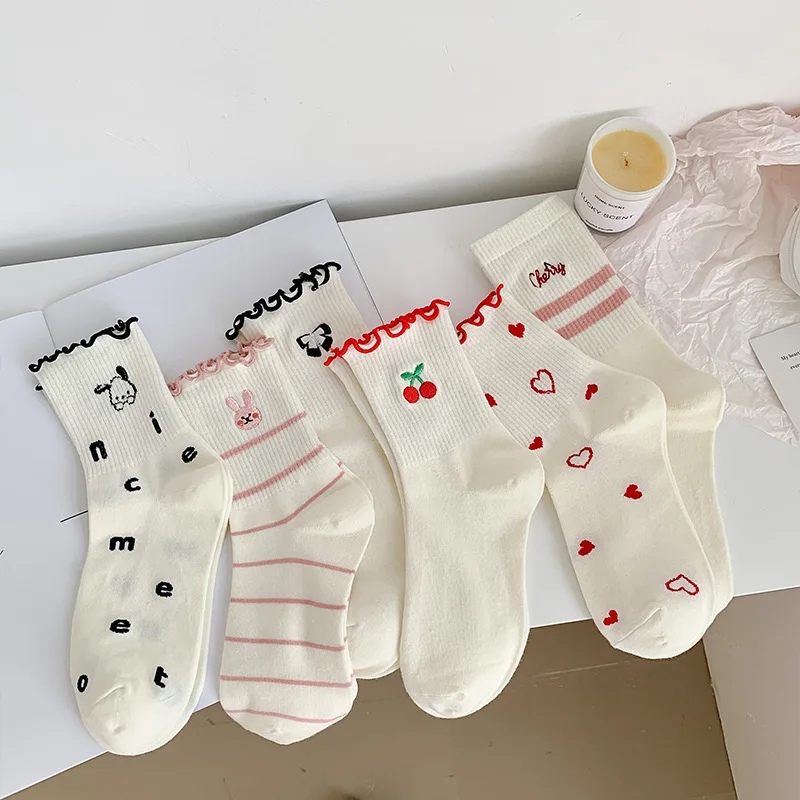 Calcetines de Algodón para Mujer, Lindos, con Estampado de Conejo, Cereza y Amor, con Volantes a Rayas, Calcetines Blancos con Bordado de Animales de Dibujos Animados para Estudiantes