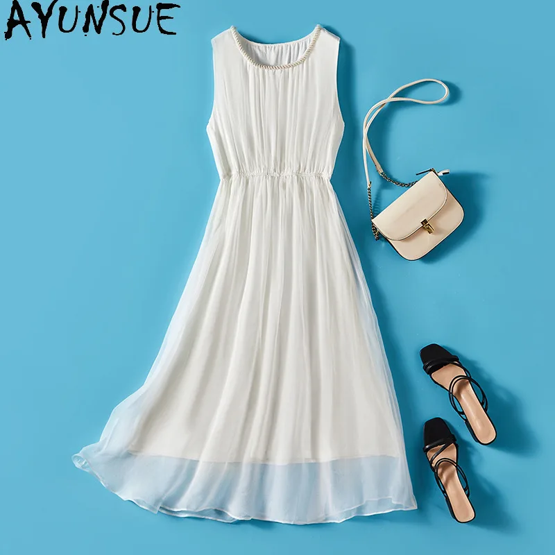 

AYUNSUE 100% Mulberry Silk New in Dresses Solid Sleeveless Dresses for Woman Clothes Summer Dresses 2025 Woman Vestidos De Mujer