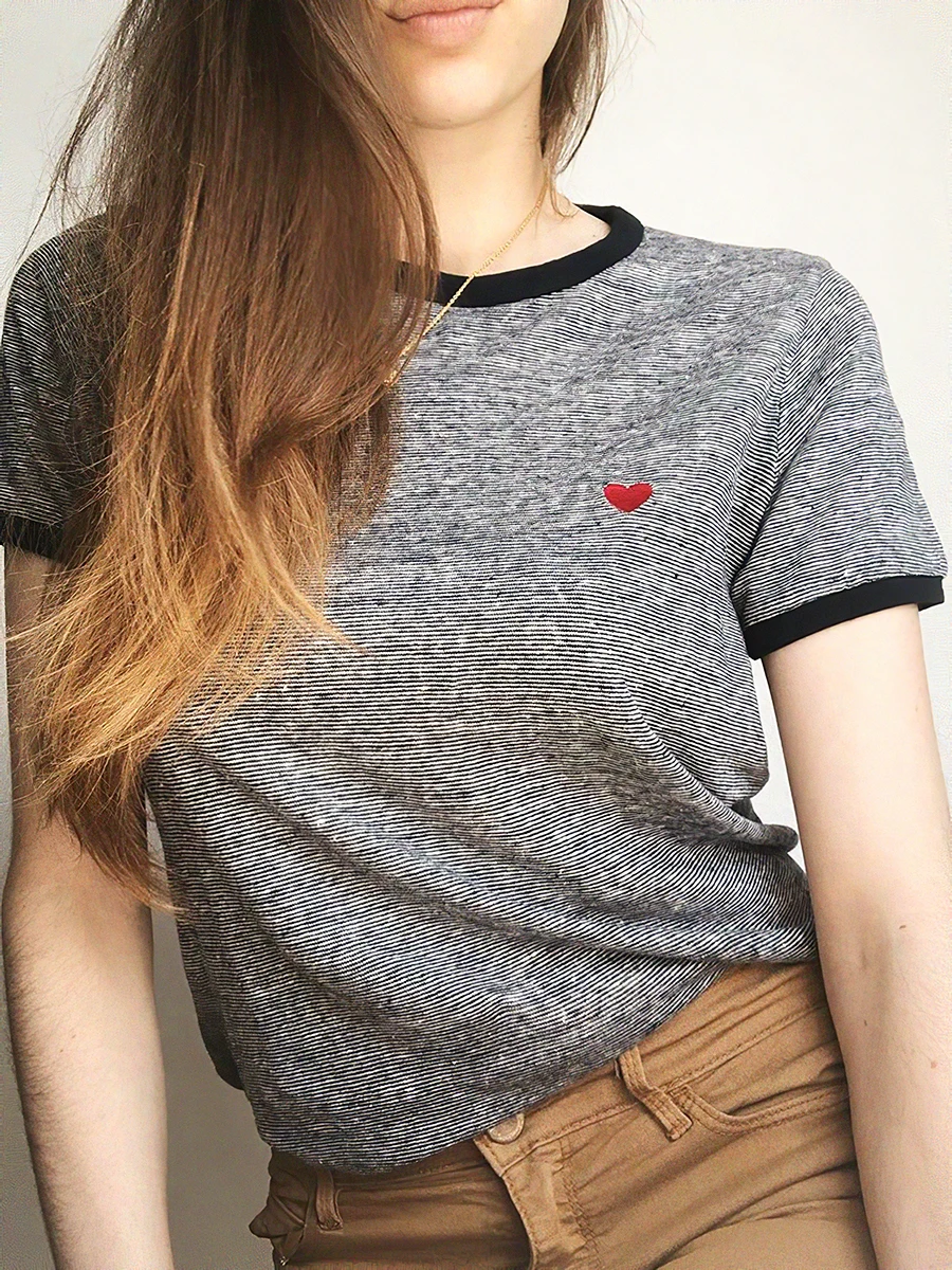 

Heart Embroidery Tee Shirts Woman Summer Elegant Round Neck Short Sleeve Linen T-shirt Vintage Casual Femme Tshirts Top 2022