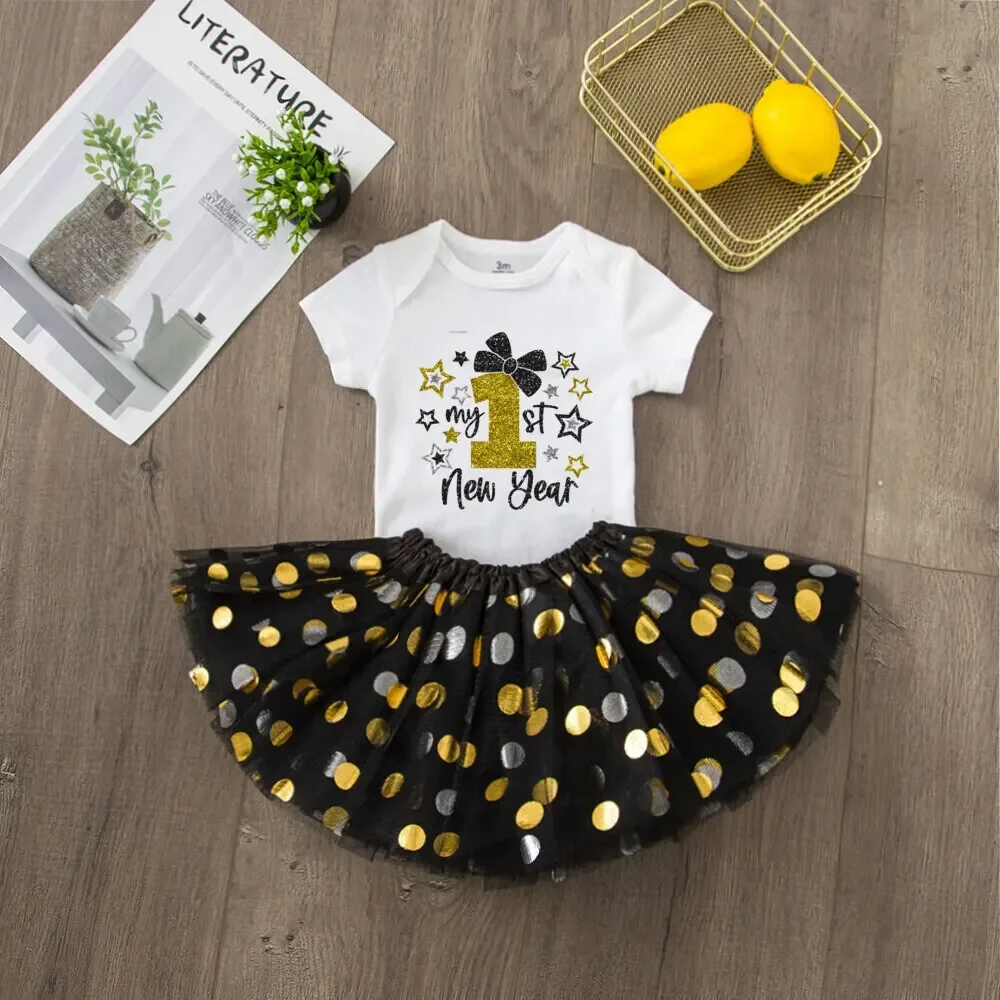 my first new year Baby Girl Romper + Tutu Skirt set 2024 party girls Short Sleeve Bodysuit Dress Infant Jumpsuit & Dresses Set