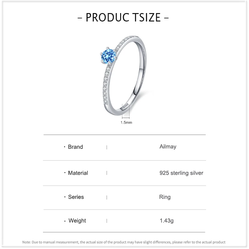 Ailmay Real 925 Sterling Silver Elegant Round Blue Zirconia Finger Rings For Women Wedding Engagement Statement Fine Jewelry