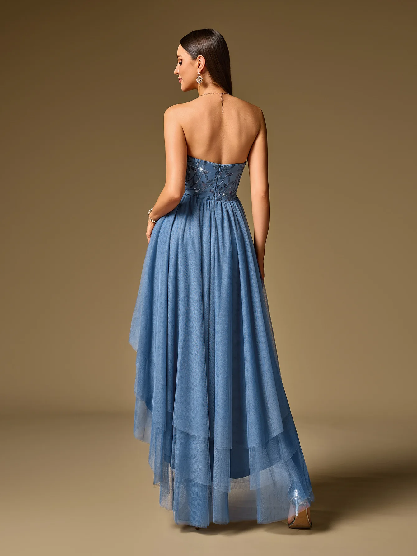 Fashionable Sweetheart Sleeveless High Low Tiers Mesh Sequined Long Party Prom Dress