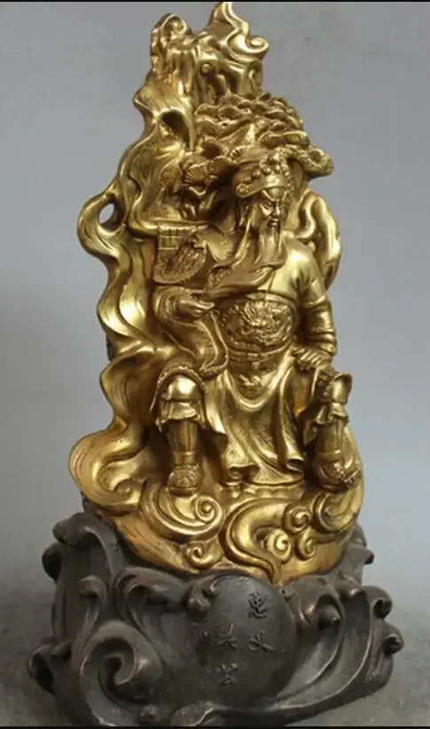 16 Chinese Bronze Gild Seat Dragon General Guan Gong Yu Warrior God Statue