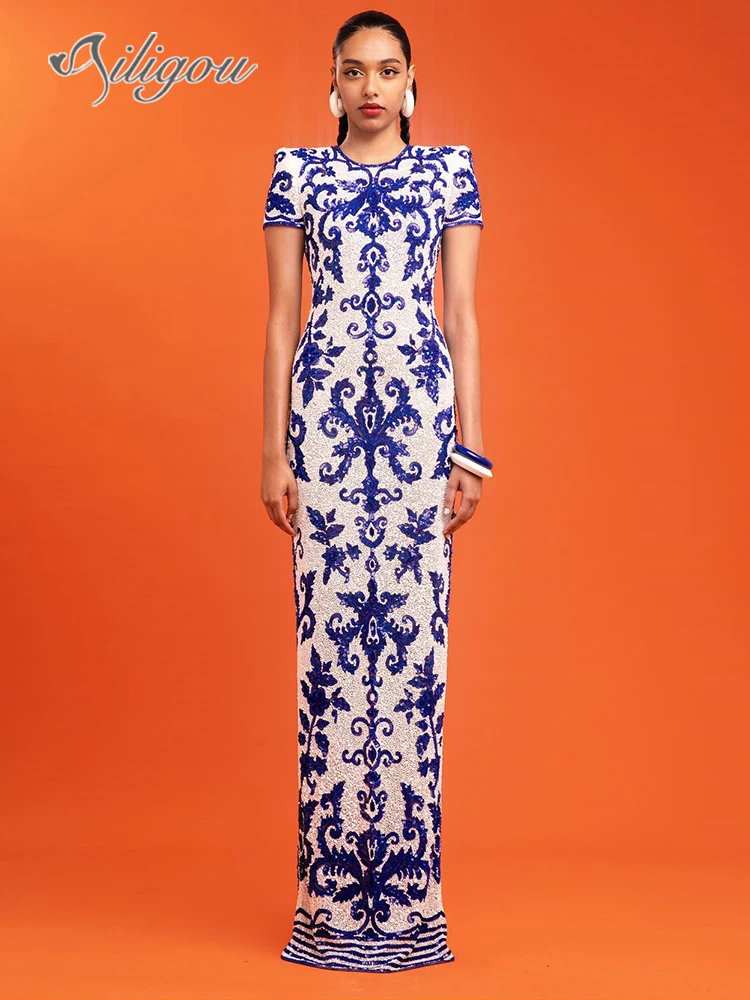 

Ailigou 2024 Women's Sexy Short sleeved Blue and White Porcelain Printed Tight Long Bandage Dress Elegant Celebrity Party Dress