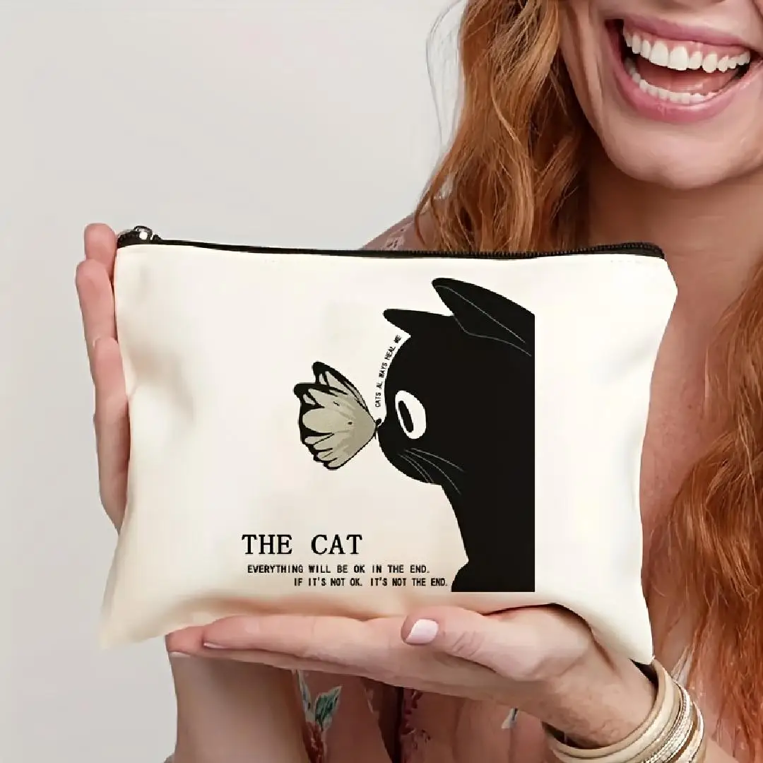 Urocza kosmetyczka z motywem kota - damska, wielofunkcyjna saszetka na zamek błyskawiczny, etui na biżuterię.