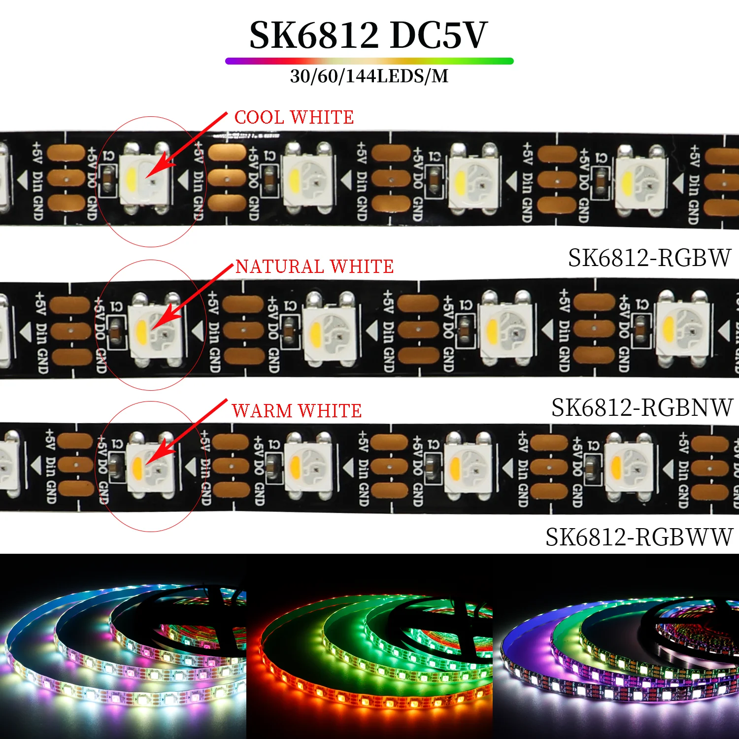 インテリジェントカラーLEDストリップライト,アドレス指定可能なライト,4 in 1,rgbw,rgbnw,rgbww,ws2812b,30ダイオード,60ダイオード,144ダイオード,m, 5v