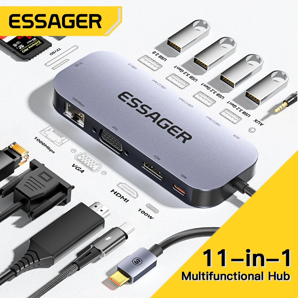 Essager 11-in-1 USB Hub HDMI-Compatible VGA 4K 30HZ Type-c Universal Laptop Docking Station For Macbook Air Pro Adapter Splitter