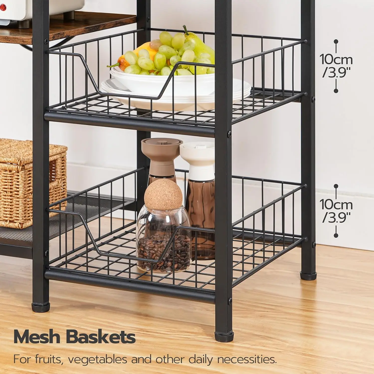 bro Large Bakers Rack With Power Outlets, 6-Tier Microwave Stand With 4 Hooks, Coffee Bar, Kitchen Shelf With Wire Basket,