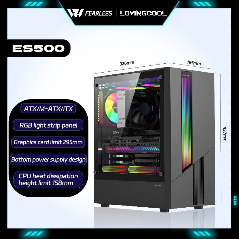 Power Train ES500 ATX RGB panel de tira de luz lado de cristal transparente M-ATX ITX PC caja de ordenador de escritorio gabinete gamer