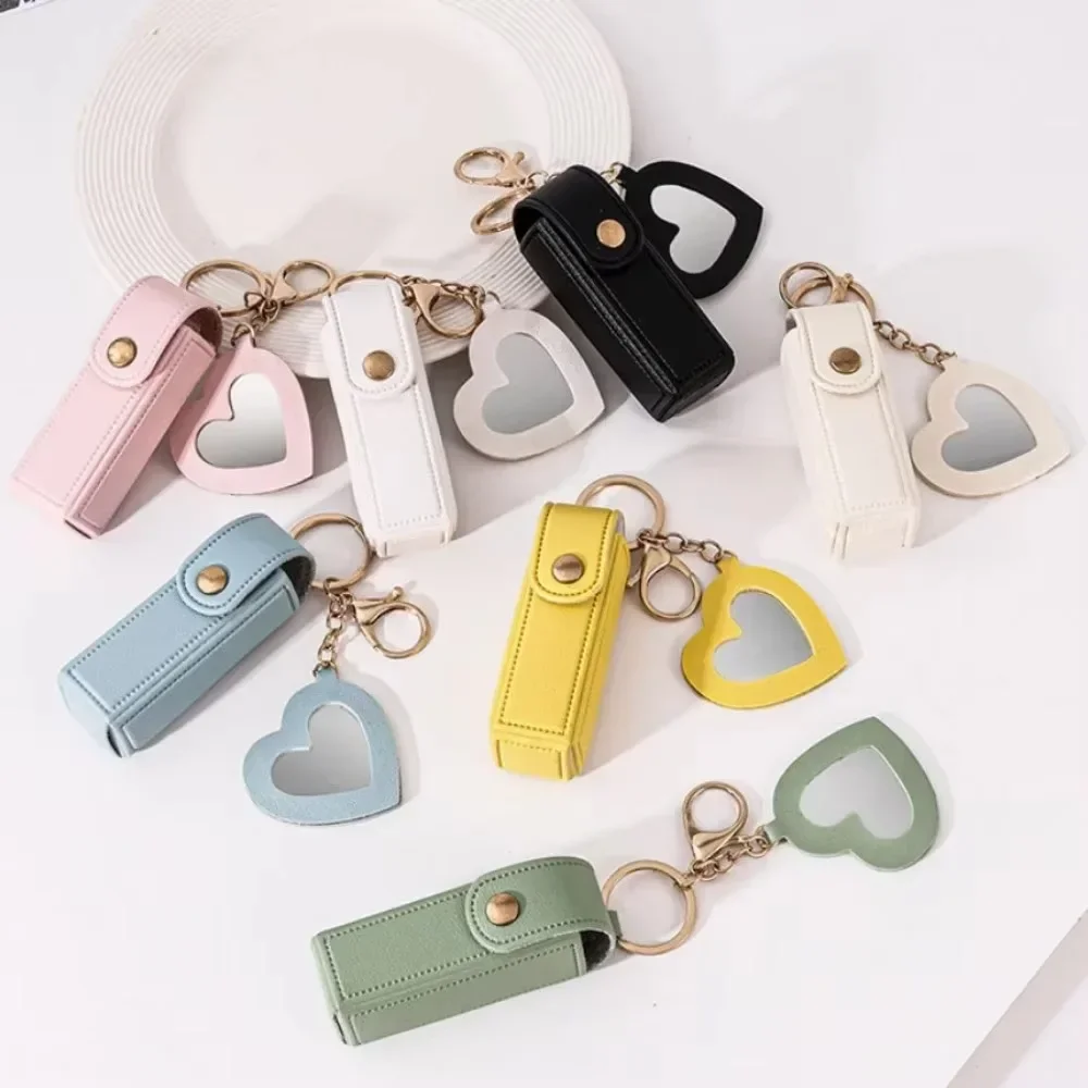 New Leather Portable Lipstick Bag Packet Heart Mirror Keychain Mini Custom Logo Name Key Chain Ring Small Versatile Keyring Gift