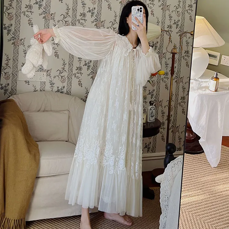 Fairy Women White Mesh Long Peignoir Dress Gown Vintage Victorian Nightgowns Princess Sleepwear Embroidery Lace Robe Night Dress