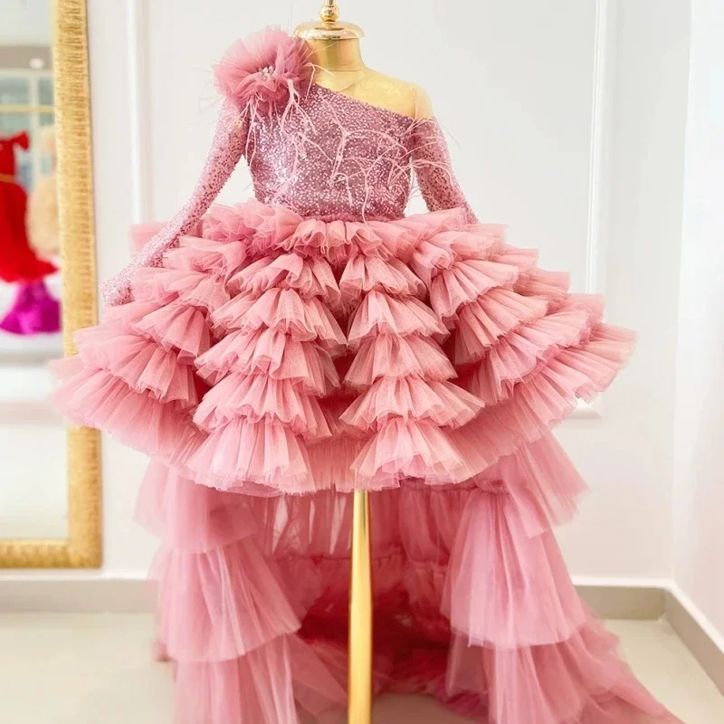 

Flower Girl Dresses Pink Tulle Puffy Tiered Sequin Bow And Tailing Single Shoulder Long Sleeve For Wedding Birthday Banquet Gown