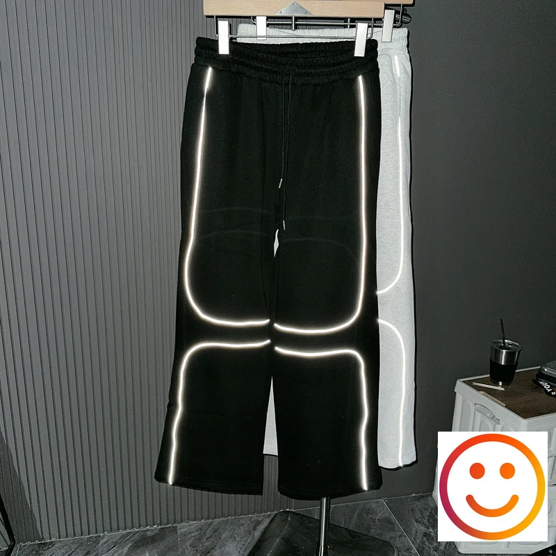 Symmetric Reflective Strip Straight Loose Casual Pants Drawstring Stretch Waist Sweatpants Men Women High Quality Trackpants