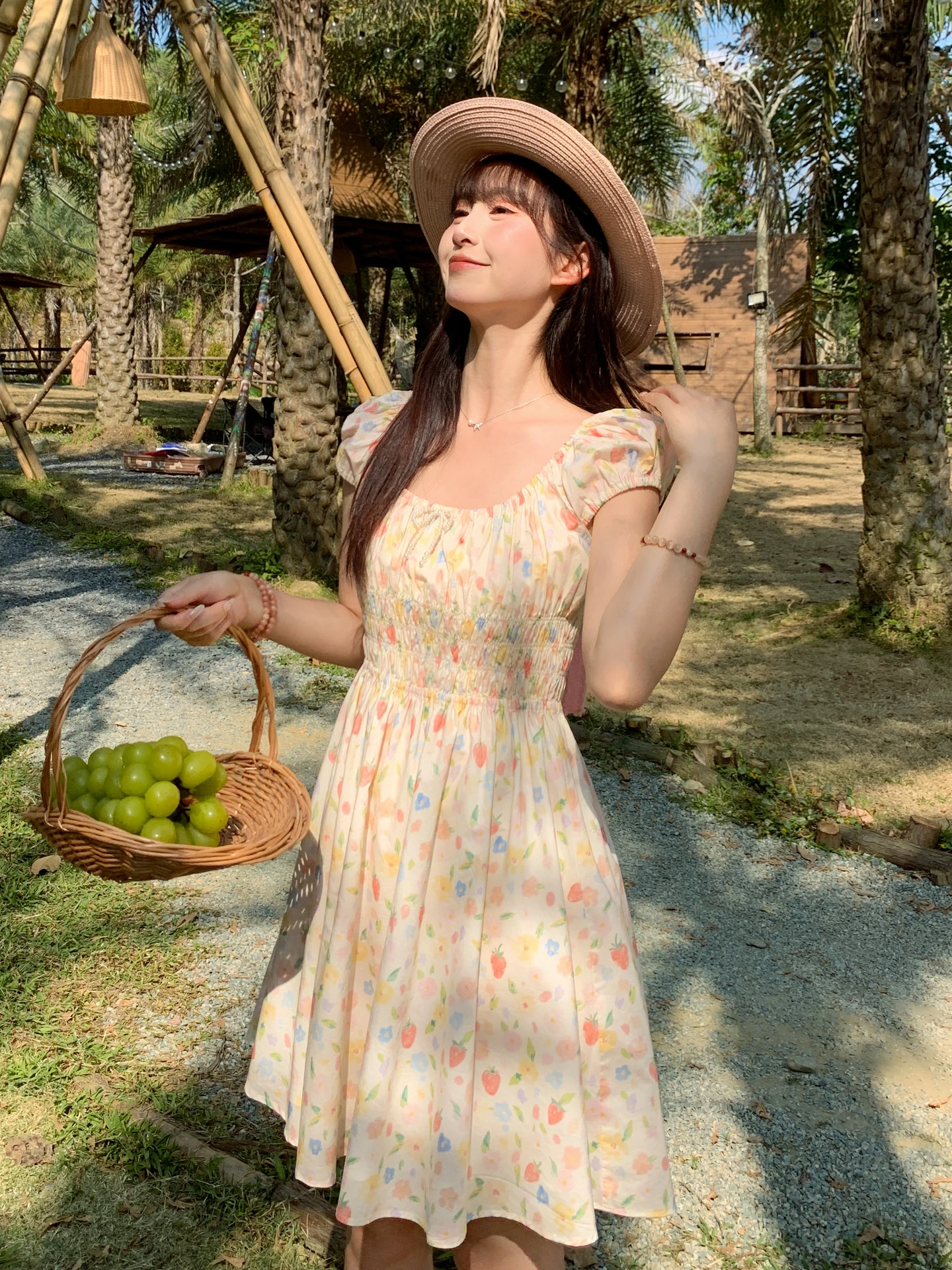 Slimming Pure Cotton Strawberry Print Waist-Cinching Dress Women's Fashion Summer A-Line Skirt Soft Short Sleeve Casual Dress