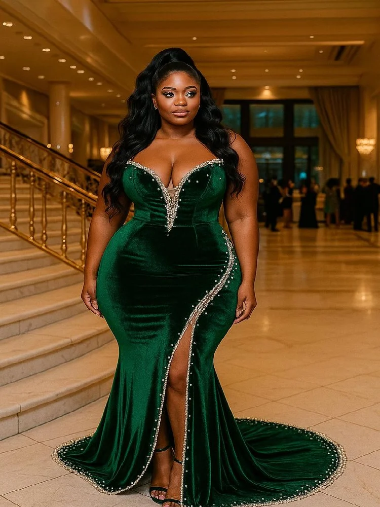 Customized V Neck Gorgeous Velvet Sleeveless Mum Dress Fishtail Studded Slit Slit Bride Mother Dress Wedding 2025