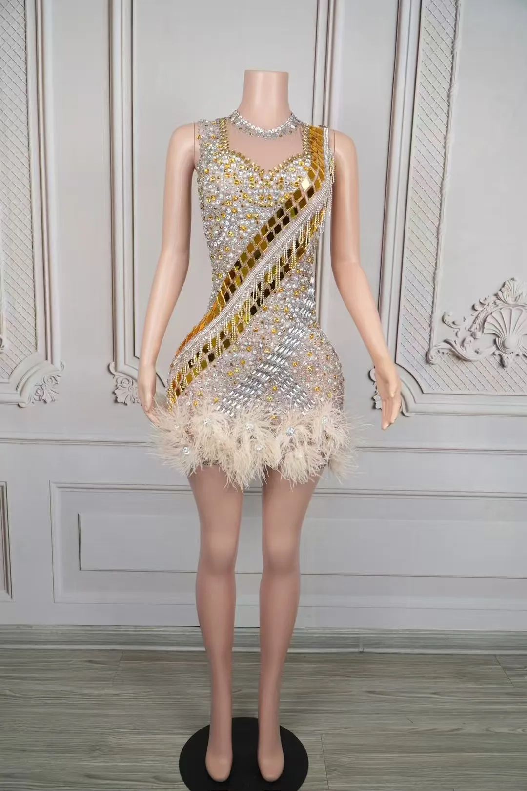 

Elegant Sparkly Rhinestones Sequins Feather ShortDress for Women-Prom Evening Party BirthdayCelebration Singer Costume D279