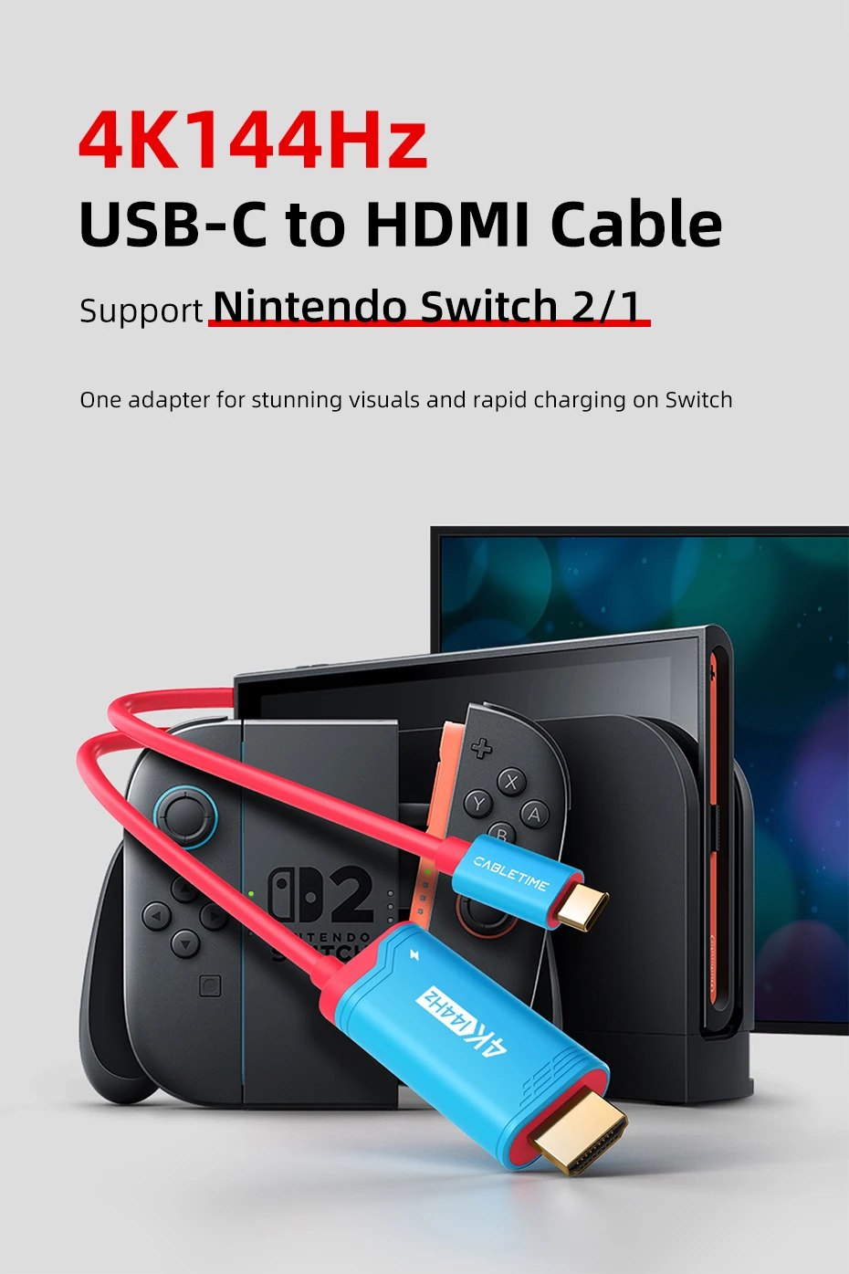 CABLETIME USB-C zu HDMI Kabel 4K144Hz PD 100W Typ-C zu HDMI Kabeladapter Perfekt für Switch 2/1 OLED PS4/5 Nintendo – Detail 1