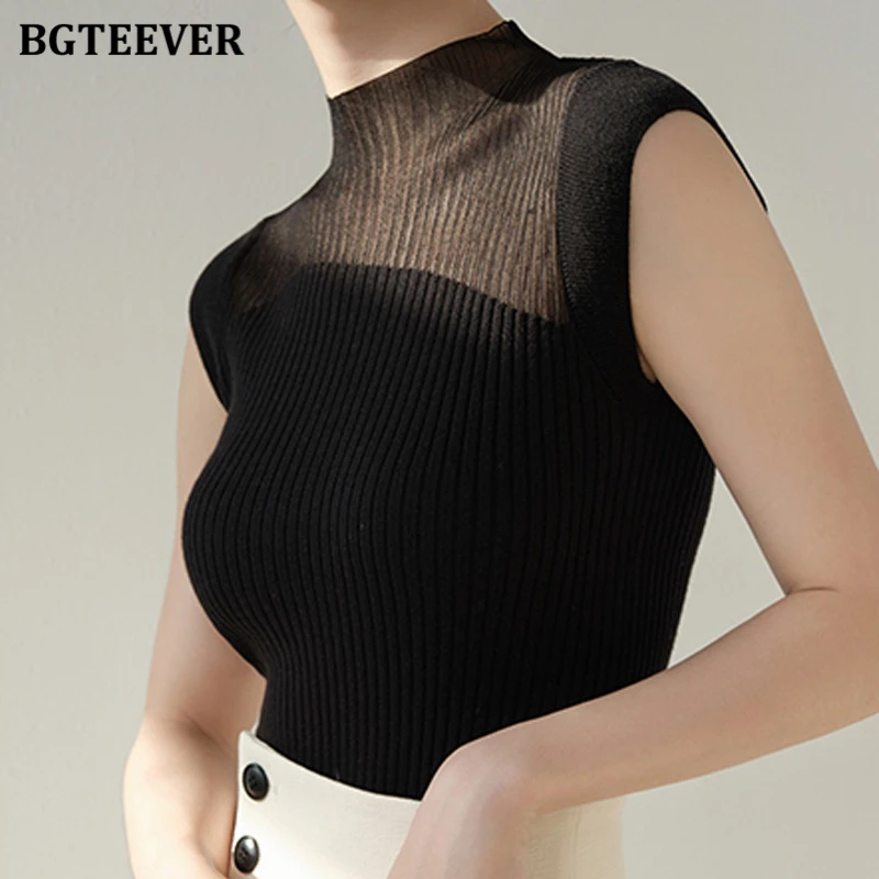 BGTEEVER Elegant Sleeveless Women Tank Tops Summer Slim Ladies Knitted Camisole Solid Female Vests