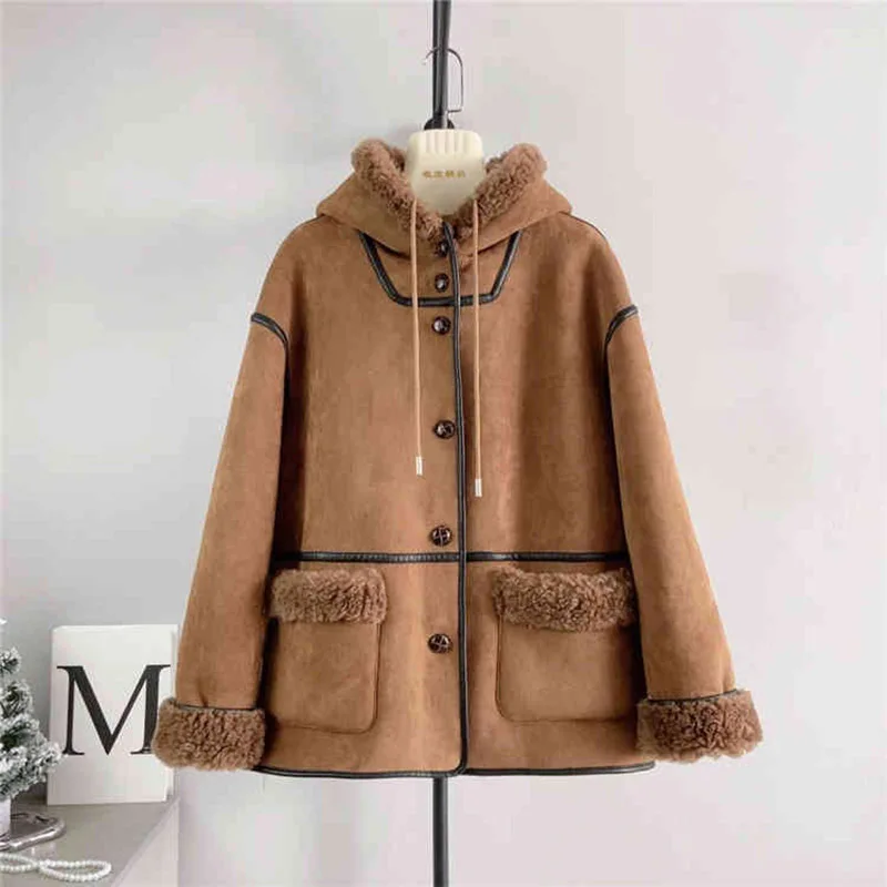 Real Wool Hooded Motocyle Coats Women Winter New Single Breasted Doubled-Faced Fur Overcoats Fashion Thick Warm Fur Jackets Tops