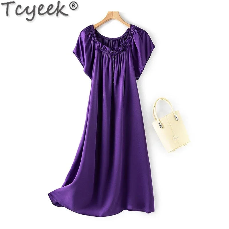 

Tcyeek 100% Mulberry Silk Nightgrowns Summer Short Sleeve Dress for Ladies Night Dress Midi Dresses Sleepwear Women Clothes 2024