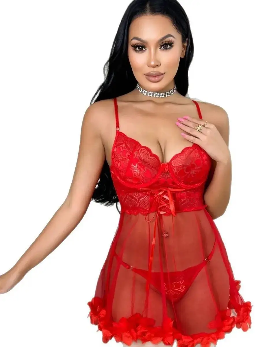 섹시한 드레스 스트랩 나이트 드레스 홈 세트 레이스 트림 브이넥 시어 투명 백리스 딥 브이 서스펜더 민소매 드레스 우아한 UJW4