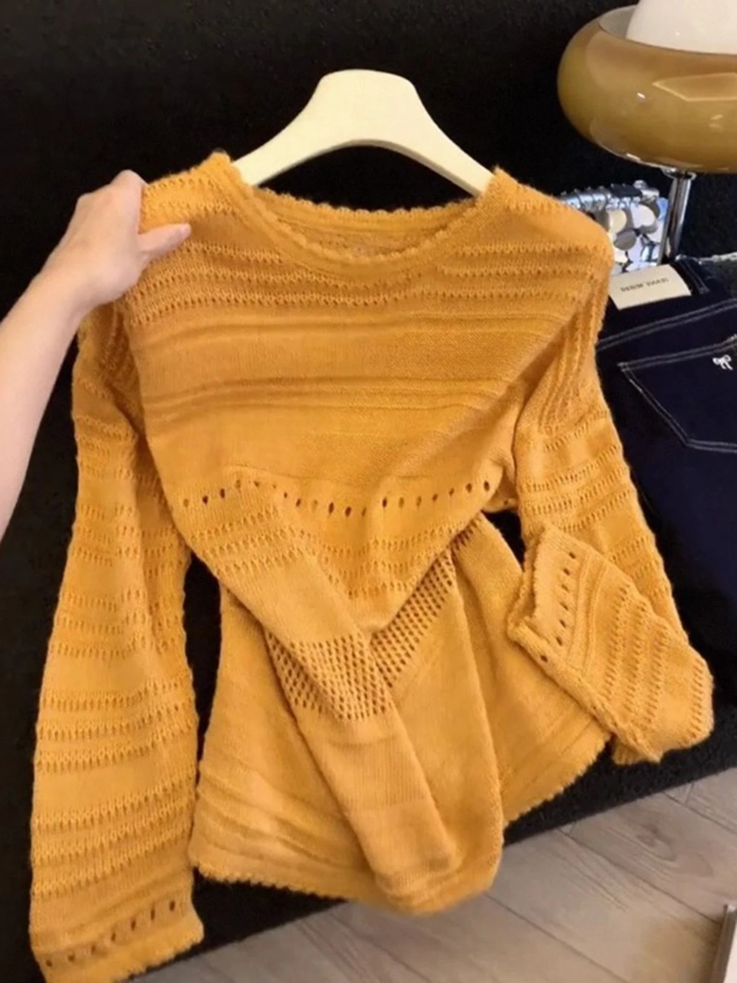 

Korean Sle round Ne Long Sve Knitted Sweater Women's Early Autumn New Loose Versatile Slimming Top Breathable Hollow o...