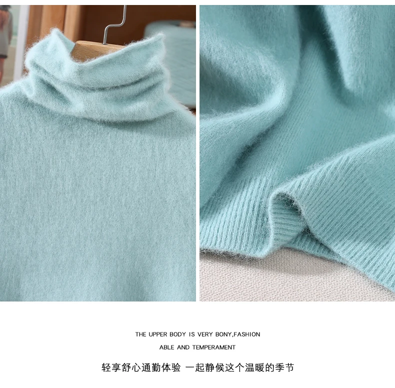 100% Pure Mink Fur Sweater Women's Pullover High Neck Knitted Sweater Autumn Winter New Item Pile Collar Thick Soft Base Sweater