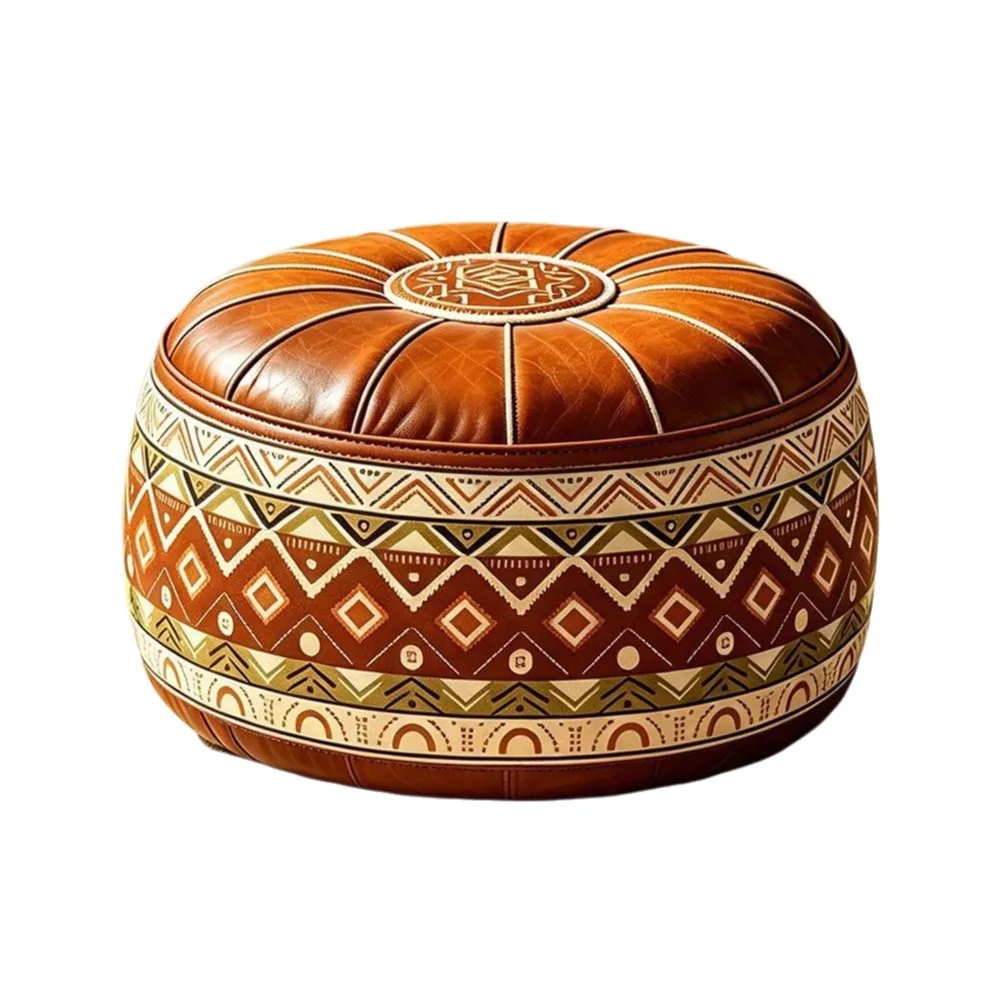 Boho Pattern Ottoman Pouf PU Leather Large Opening Footstool Cover Water Resistant Fillable Design Storage Ottoman Living Room