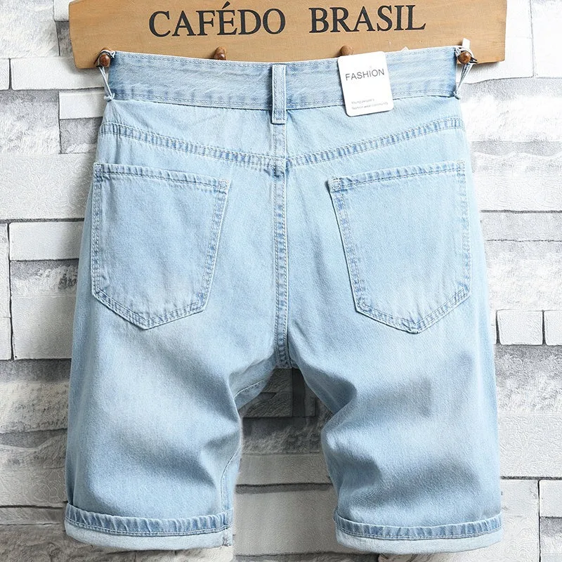 Fashion Shorts Jeans Men Summer Streetwear Casual Light Blue Slim Fit Straight Knee Length Denim Pants