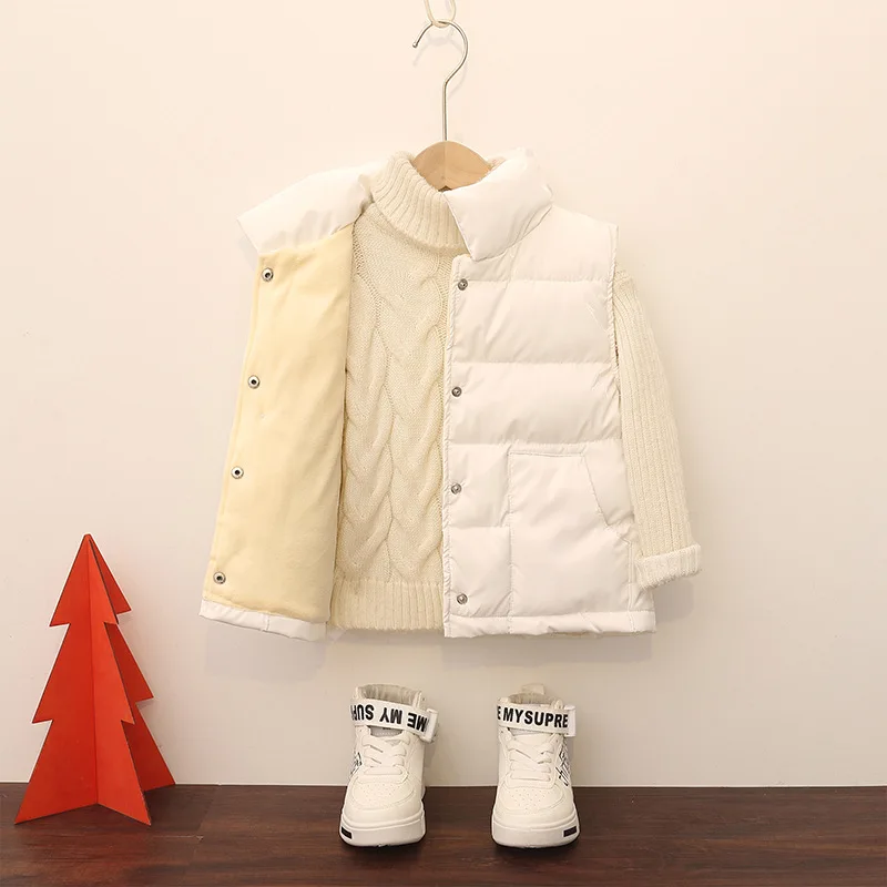 Down Cotton Vest for Children New Fashion Versatile Stand Up Collar Snap Fastener Short Style Plush and Cotton Thickened Fashion