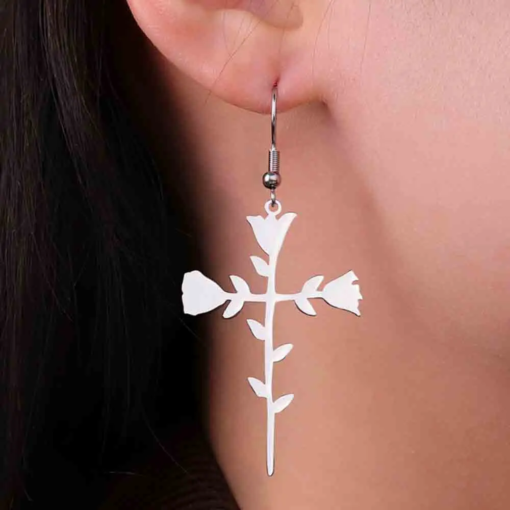 

My Shape Rose Cross Drop Earrings for Women Stainless Steel Rose Flower Cross Dangle Earrings Christian Jewelry Wedding Party