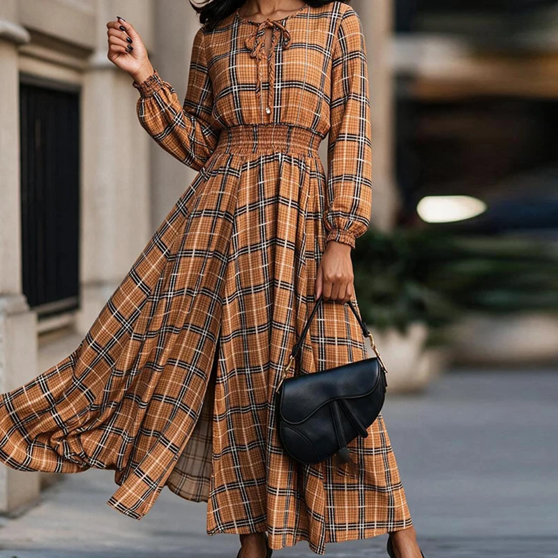 Women Plaid Print Maxi Dress Sexy Tie Neck Long Sleeves Smocked Waist Party Dress Vintage Fall Casual O Neck A‑Line Long Dresses