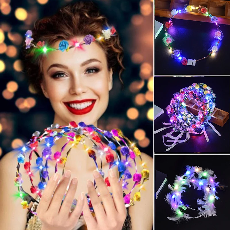 Beautiful Headwear Hair Decorative Mini Rose Flower Wreath Girls Women Flowers Headbands Glow Rose Wreath Light Up For Night