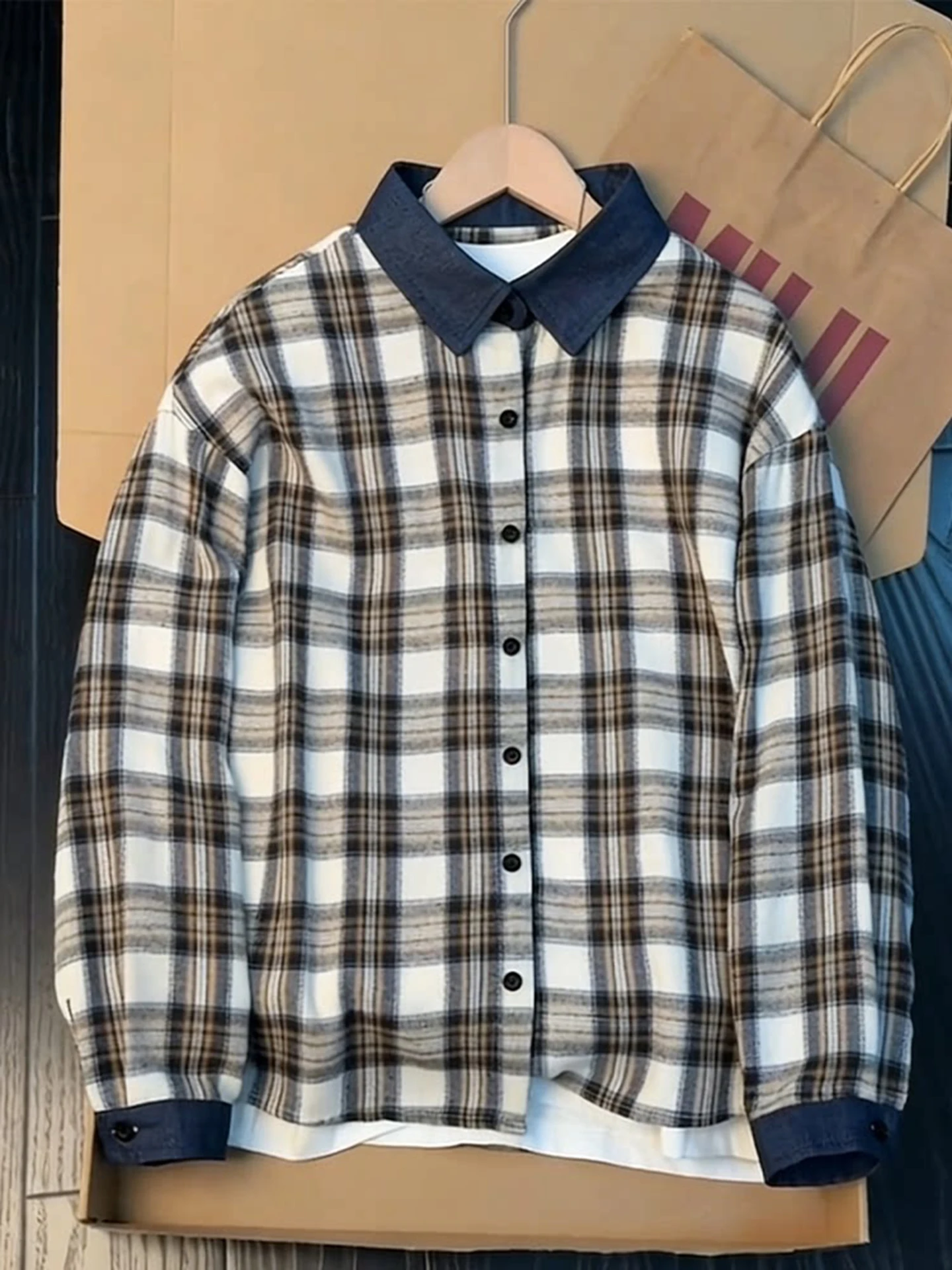 

Vintage Washed Denim Long Sleeve Shirt Men's Women's Spring Autumn Plaid Outerwear Casual Breathable Comfortable Youth Fashion