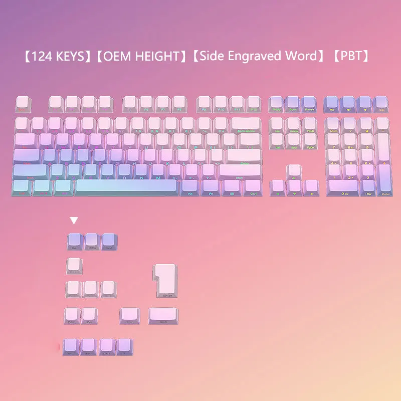 124 Keys Gradient Purple Side-word Light transmission Keycaps OEM Height PBT Sublimation For 61 68 87 108 Mechanical Keyboard