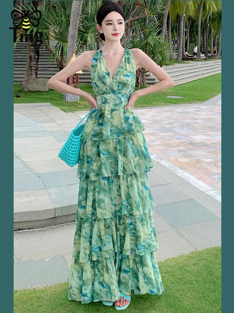 Tingfly Women Summer Fashion Floral Green Printing Halter Bow Tie Neckline Backless Layered Long Casual Dresses 4 Lady Holiday