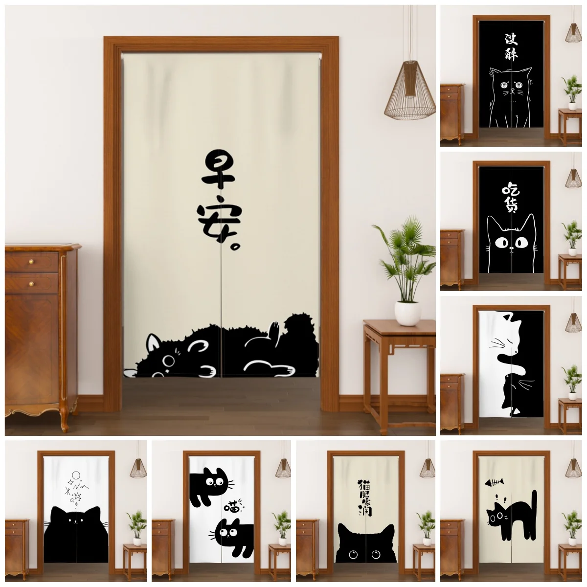 Cute Cartoon Cat Door Curtain Black White Chinese Slogan Print Velcro Doorway Curtains Kitchen Entrance Hanging Half Curtains