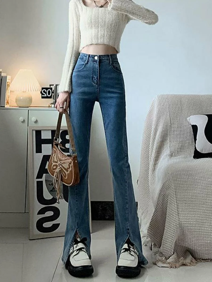 

Осенние модные женские джинсы с высокой талией, расклешенные, облегающие, эластичные, в стиле ретро, с разрезами, микро-клеш