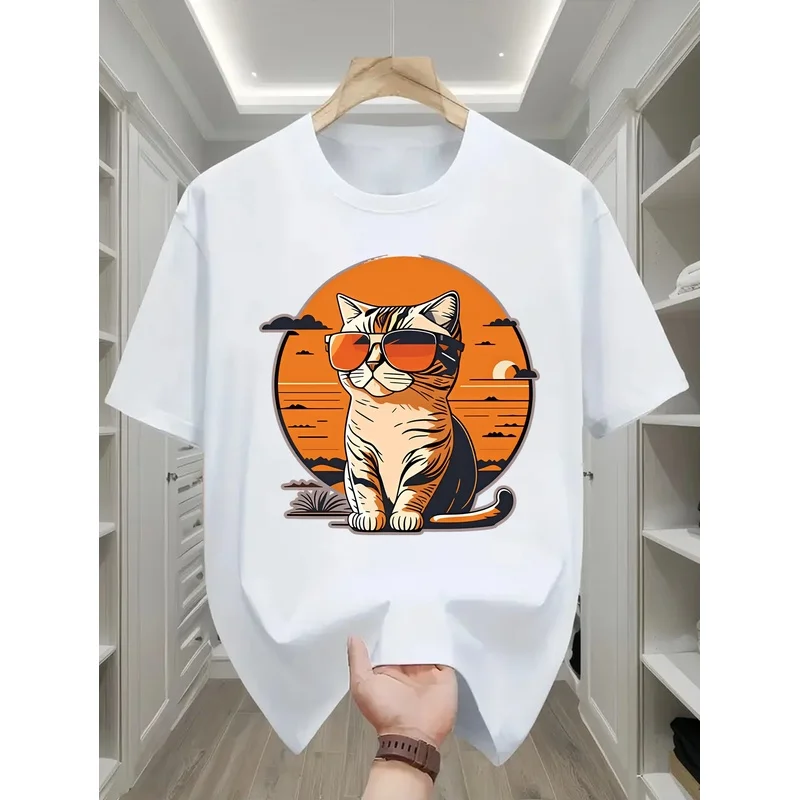 Men's Summer Casual Short-Sleeve T-Shirt Fashion Printed Cool Cat Sunset Top Suitable for Everyday Wear