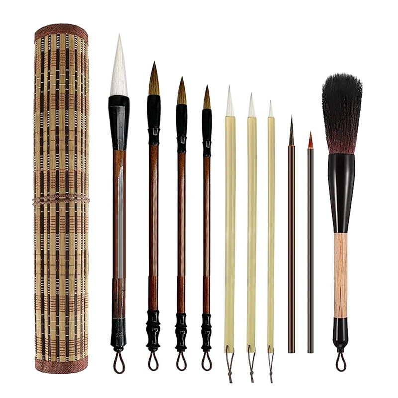 

10-Piece Chinese Calligraphy Brush Set - Premium Watercolor Brushes Set For Kanji, Painting, Drawing With Brush Holder