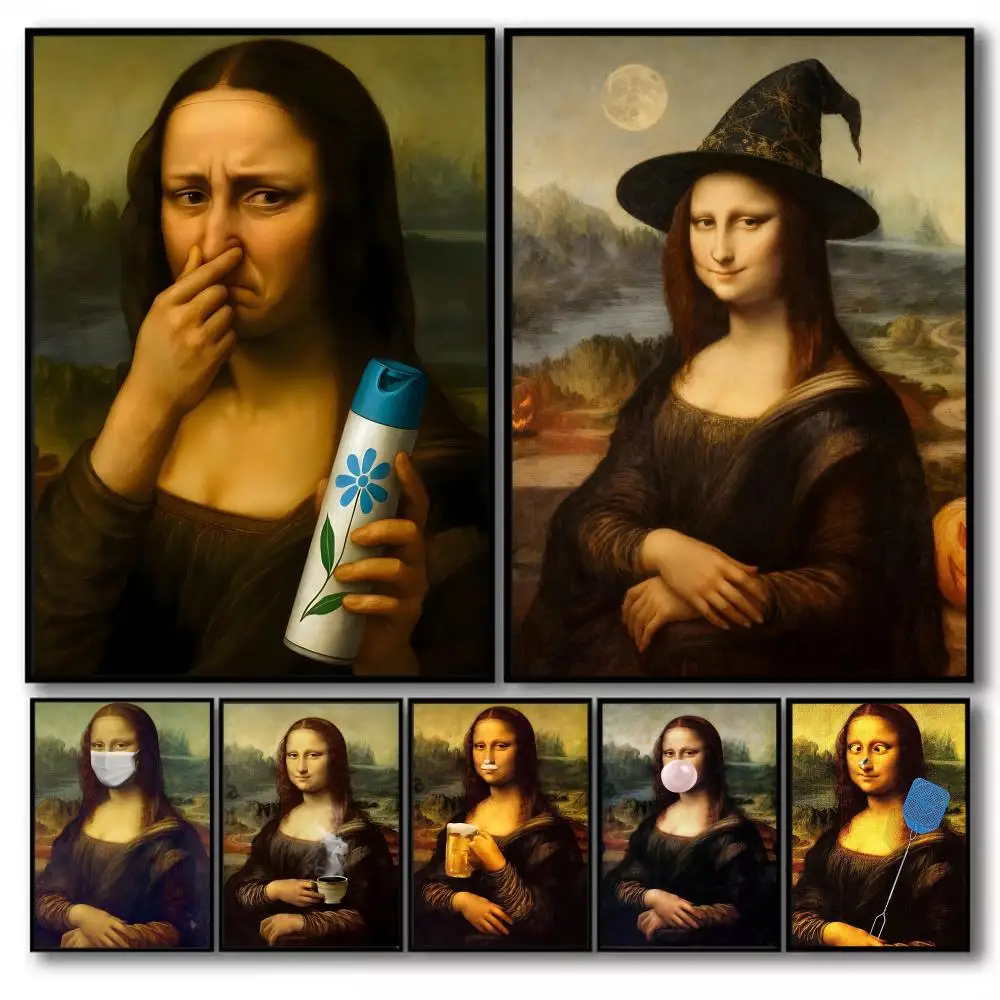 1 قطعة محاكاة ساخرة M-الموناليزا اللوحة الخط فرملس قماش ملصق جدار الفن مثالية للمدخل ديكور المنزل هدايا العيد