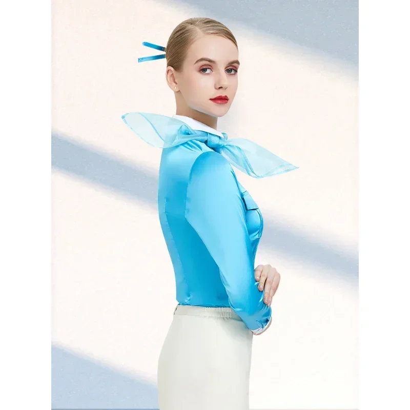 

Stewardess Dress Women’s Summer Shirt Korean Flight Attendant Aviation Uniform Interview Overalls Shirt Skirt Suit - Glossy Blue