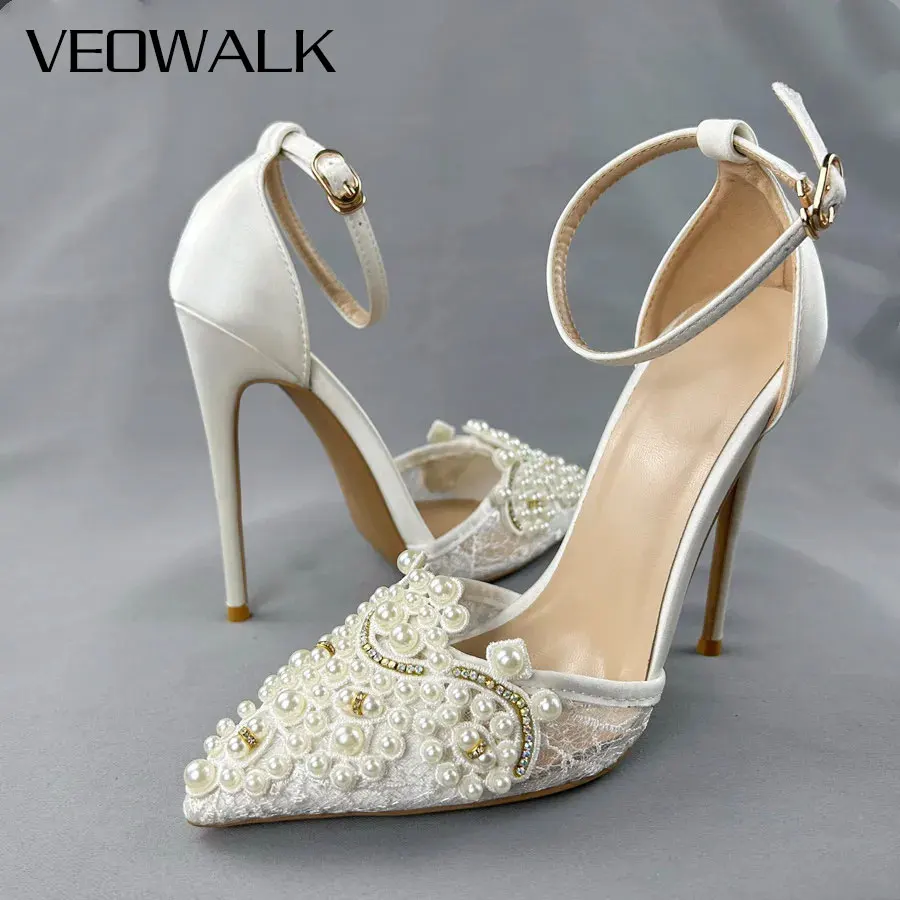 

Women's Ivory Satin Bridal High Heels Pointed Toe Stiletto Pumps with Pearl Rhinestone Ankle Strap Wedding Evening Dress Shoes
