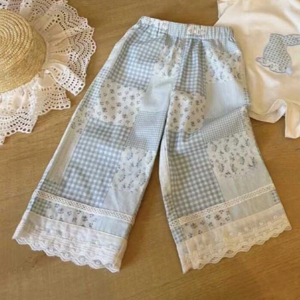 Set di pantaloni estivi per neonate camicia morbida con motivo a coniglio con maniche volanti + toppa elastica in vita pantaloni a gamba larga 2