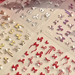 Simple Line Bowknot Red Gold Silver Laser Pink Hot Stamping 3D Self Adhesive Nail Art Stickers Pearl Rhinestone Manicure Decals